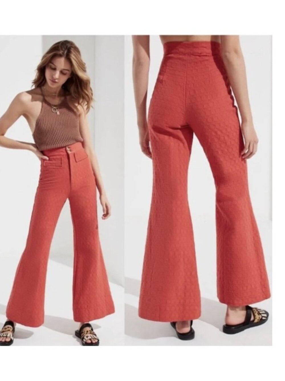 Urban Outfitters Meadow New Textured Bell Bottom Wide Leg Pants Size 10 Orange